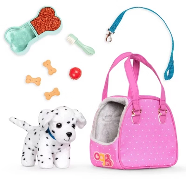 Our Generation Hop In Dog Carrier & Pet Plush Puppy Dalmatian for 18" Dolls: 12-Piece Doll Accessories Set