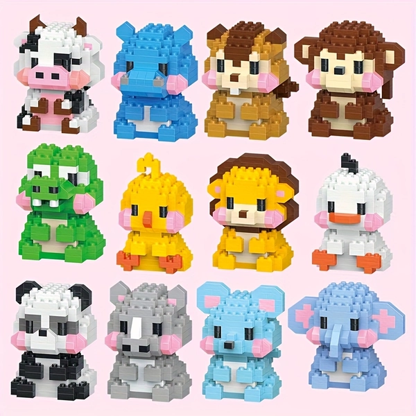 12pcs Mini Animal Building Blocks - Multicolor Animal Models with Step-by-Step Assembly, Educational STEM Toy Suitable for,, Birthday & Christmas Gifts (Monkey, Chicken, Cow, Duck, Panda, Alligator, Mouse, Squirrel, Elephant, Lion, Hippo, Rhinoceros)