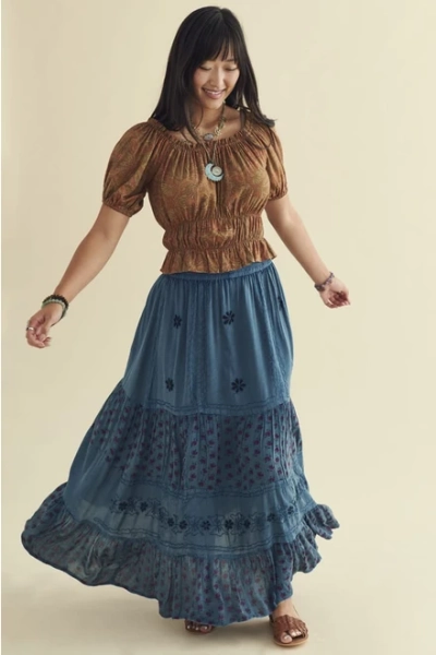 Blue Overdyed Floral Maxi Skirt