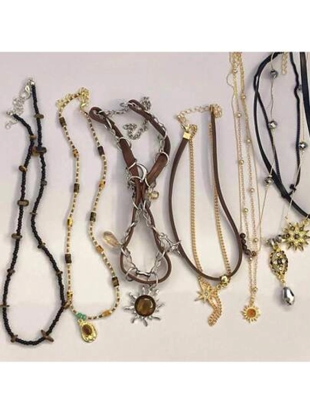 Vintage Leather Brown Stone Sun Pendant Beaded Choker Clavicle Chain Necklace For Women Unique Y2K Personalized Grunge Jewelry