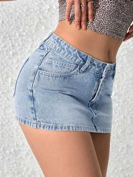 SHEIN PETITE Women Casual Washed Mini Denim Skirt