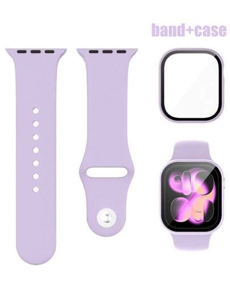 Compatible With Apple Watch Band And Case Combination Set Men's And Women's Fashion Sports Soft Comfort Rivet Buckle Silicone Strap + Anti-Drop, Scratch-Proof And Anti-Collision Hard PC And Tempered Glass Film Integrated Watch Case Compatible With Apple Watch 40/41/42/44/45/46/49MM Band And Cases Compatible With Apple Watch Series Ultra/11/10/9/8/7/6/5/4/SE Strap And Case Simple Waterproof And Sweat-Proof Convenient Replacement Strap Case
