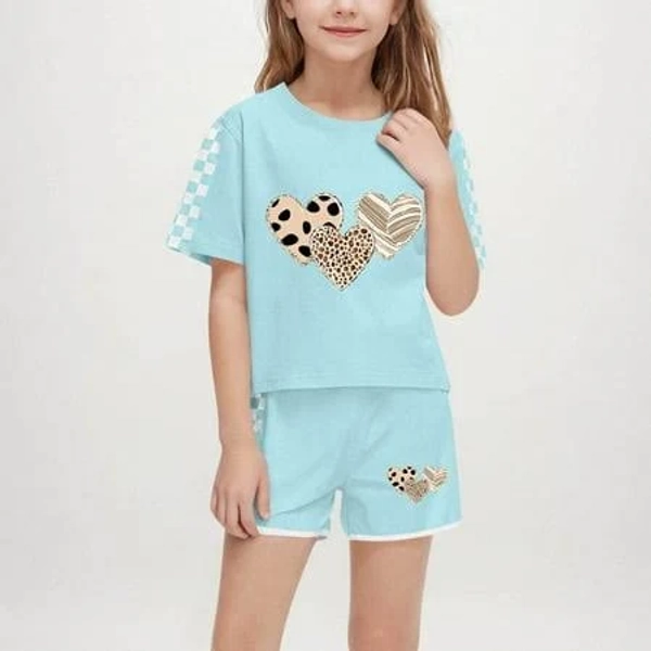Delliss Girls Love Print Short Sleeve T-shirt and Shorts Set with Pockets