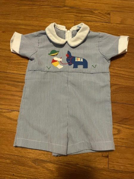 Vintage Baby Boy 12M Blue Striped Embroidered Collar Short Sleeve Romper Donkey