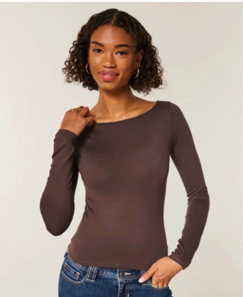 Long-Sleeve Seamless Fabric Slash-Neck Top