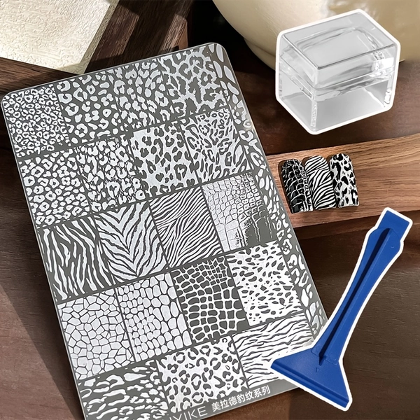 3pcs Nail Art Stamping Plate Set with Stamp and Scraper Tool, for DIY Leopard Print Template Patterns and Home Salon Nail Embossing - Easy-to-use Clear Stamp Nail Accessories, Smooth Stamping Tool, for Beauty Enthusiasts