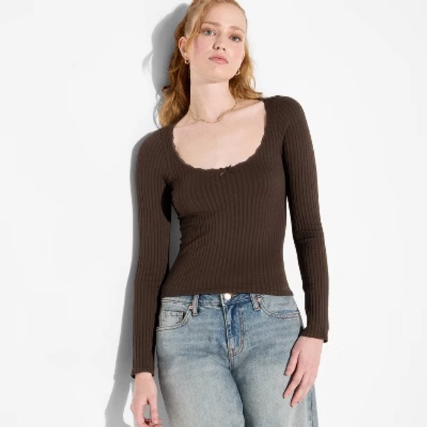 Women's Long Sleeve Seamless Square Neck Blouse - Wild Fable™ Brown M