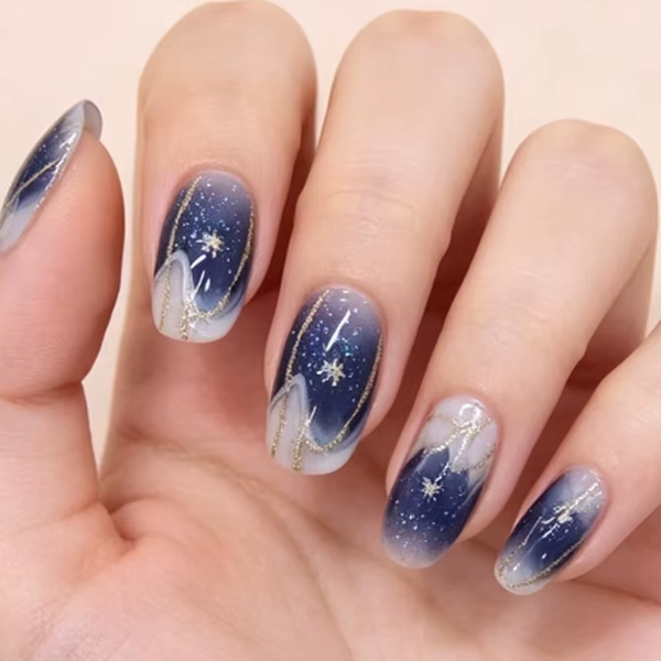 Medium fake nails for women gilrs gradient blue pink starry sky star moon Y2K design Almond nail tips press on false nail set