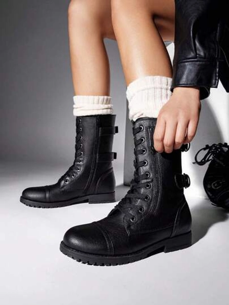Women's Combat Military Ankle Boots Casual Comfortable Short Boots High-Top Anti-Slip Boots Lace-Up With Zippered Built In Pocket Wallet Outdoor  New Year Christmas Holiday Winter Black Boots