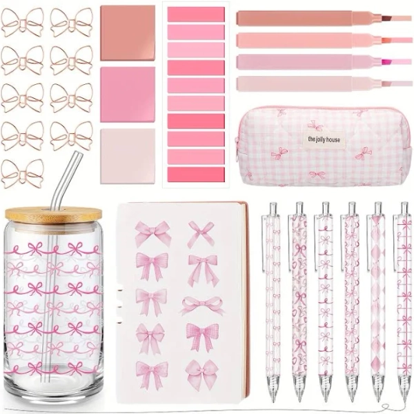 27pcs Pink Coquette Bow Gift Set with 16oz Glass Cup, Journal, Highlighters, Pens, Sticky Notes, Paper Clips & Bow-Adorned Stationery - Elegant