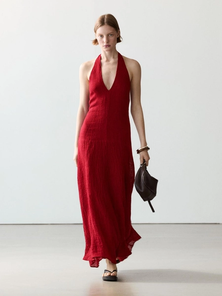 Robe longue décolletée 100 % lin - ROUGE