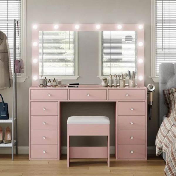 Vanity Desk with Illuminated Mirror & Power Outlet 11 Drawers Vanity Table with Chair