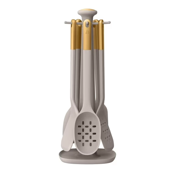 Beautiful 6-Piece Silicone Kitchen Utensil Tool Set with Rotating Rack by Drew Barrymore, Porcini Taupe
