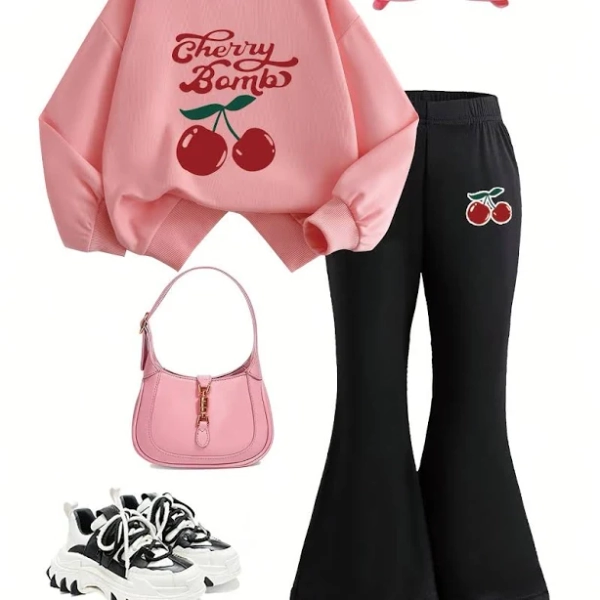 Girls' Cherry Letter Print Sweatshirt and Flare Pants Set