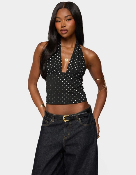 EDIKTED Blaire Polka Dot Halter Top - BLACK