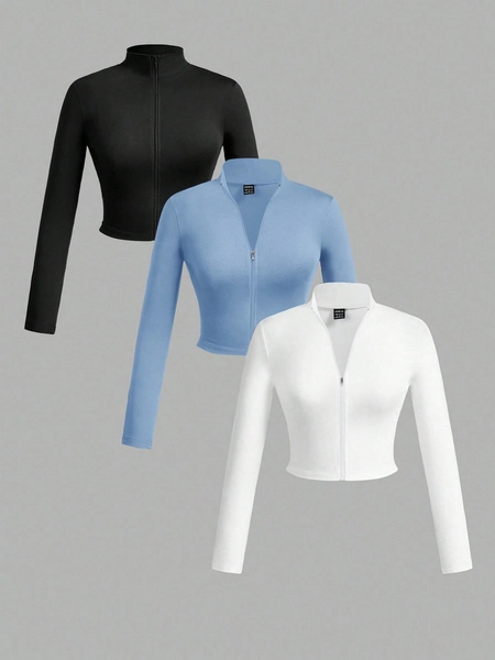 Slaydiva 3pcs/Set Women's Simple Casual Autumn/Winter V-Neck Stretchy T-Shirt With Half-Zip, Tight Long Sleeves, White+Black+Grey