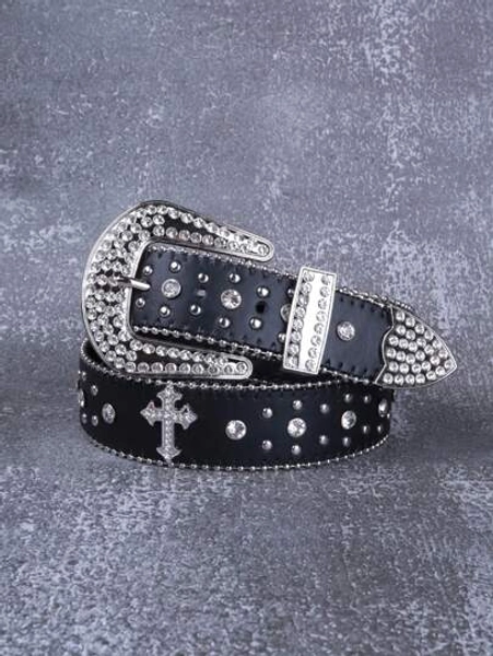 Crystal Studded Cross Western Cowboy Belt, Shiny Street Fashion Rhinestone Zinc Alloy Decor Waist Belt, Unisex Christmas Gift, Halloween