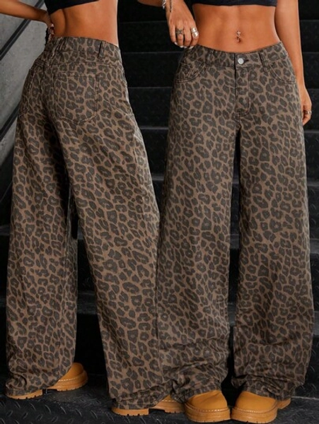 Vintage Street Style Leopard Print Chic & Bold Design Women's Jeans, Suitable For Carnival, Stage Performance, Party, Date Night, Travel