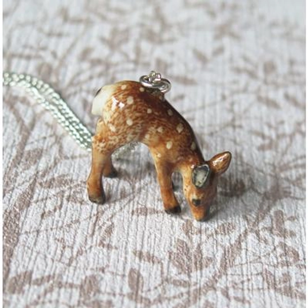 Baby Deer Fawn Porcelain Animal Pendant Necklace