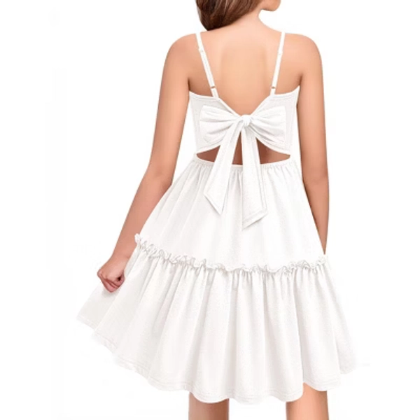 Arshiner Girls Tie Back Dress Spaghetti Strap Ruffle Hem Casual Summer Beach Sundress with Pockets White 9-10 Years