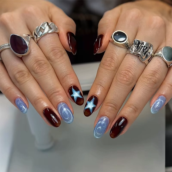 24pcs Sweet Cool Short Almond False Nails Y2k Five-pointed Star Pattern Press On Nails Shiny Cat's Eye Detachable Fake Nail