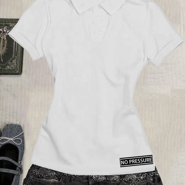 Heat Transfer Printed, Subculture Punk Millennial Y2K Style V-Neck Short Polo Shirt - Short Sleeves, Slim Fit, Available in Black And White, Featuring Printed Patterns, Casual Design, Trendy Summer Wear, Women'S T-Shirt