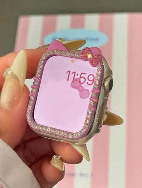 1pc Cartoon Pattern Bling Cute Cat Ears Case Crystal Rhinestone Bumper Overall Hard PC Ultra Protective Cover, Compatible For Apple Watch Case With Tempered Glass Screen Protector, Compatible With Apple Watch 40/41/42/44/45/46mm, Compatible With Apple Watch Series SE/11/10/9/8/7/6/5/4, Pink