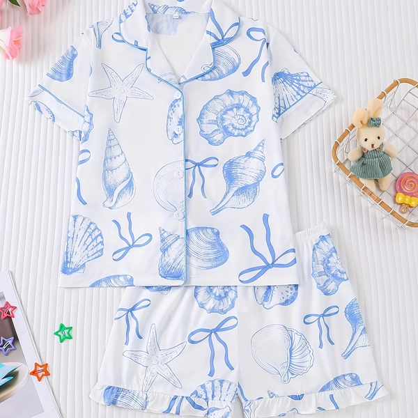 2pcs ' Flame-Retardant Pajama Set - Boys & Girls Marine-Themed Sleepwear with Shell & Starfish Print, Short Sleeve Button-Front Cardigan & Matching Shorts, All-Season Machine Washable Sleepwear for Boys & Girls (White/Blue) - Ideal