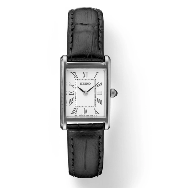 Seiko Classic Quartz White Dial Black Leather Strap Rectangle Watch SWR107P1