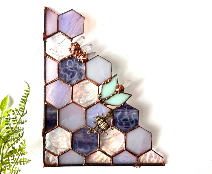 Stained Glass Beehive Suncatcher: Violet Honeycomb Window Corner