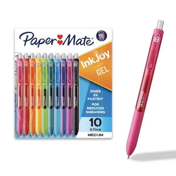 Paper Mate Ink Joy 10pk Gel Pens 0.7mm Medium Tip Multicolored: Retractable, Quick Drying, Multicolor Ink, Stationery Set