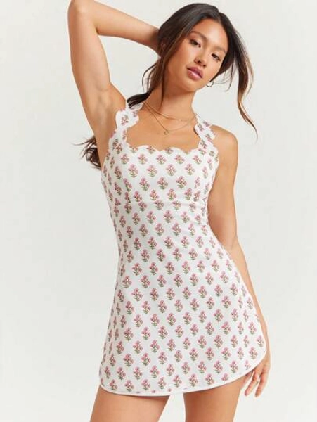 WESTFADE Floral Block Print Scallop Straps A Line Split Hem Mini Sleeveless Fitted Sporty Dress Autumn, Winter, Back To School, Casual Cute Fall Clothes For Women, Boho, Country Western Outfit