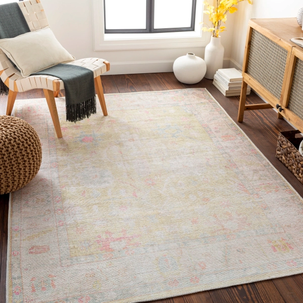 Dietrick Machine Washable Oriental Grass Green/Light Pink Area Rug