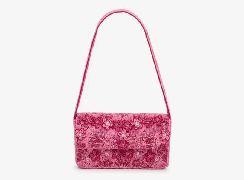 Floral Beaded Shoulder Bag - Pink
