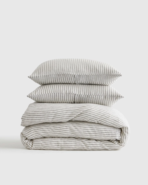 European Linen Stripe Duvet Cover Set | Quince in Grey/White Stripe