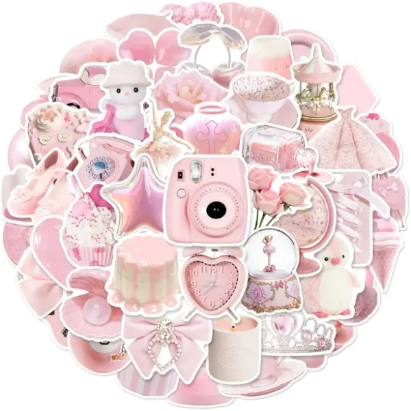 50PCS Simple Cute Pink Sweety Girl Style Graffiti Decorative Stickers for Bicycle Hand Account Pencil Case Decals Reforged Glory