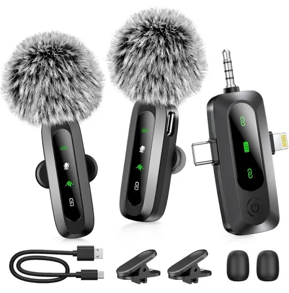 3 in 1 Professional Wireless Microphone for iPhone iPad Android Camera, Utsund LED Display Lavalier Microphone for Video Recording, Clip on Lapel Mics