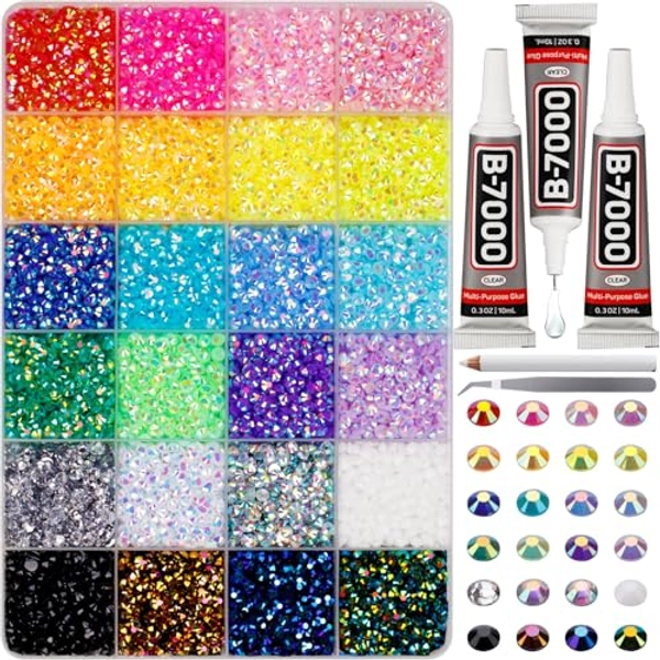 17000Pcs Rhinestones for Bedazzling, 4mm Bedazzler Kit with Flatback Rhinestones for Clothes Crafting Crafts Nails Clothing, Flat Back Resin Rainbow Colorful Colored Crystal with B 7000 Glue Clear