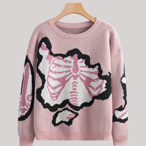 Women's Soft Pink & Black Striped Skeleton Graphic Sweater - Sleeve Round Neck Pullover with Ribbed Cuffs, Medium Stretch Fall Winter Casual Elegant Resort Style, Elegant Resort Wear, Vacation Fashion, Durable Knitwear, Comfortable Fit