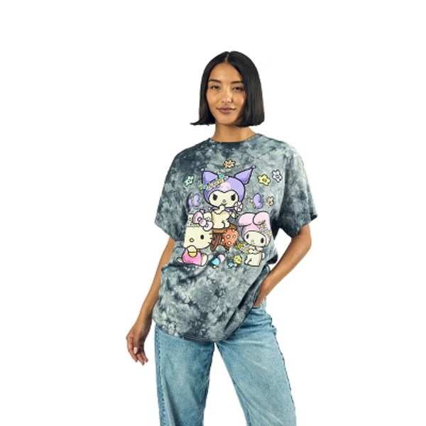 Kuromi, My Melody and Hello Kitty Puff Print Mushroom Scene Women's Black Cloud Wash Crew Neck Short Sleeve T-shirt-Medium
