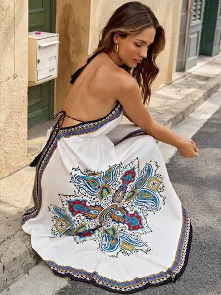 Summer Peacock Feather Print Backless Spaghetti Strap Maxi Dress, Elegant Party Style, Vacation And Daily Wear - Size M