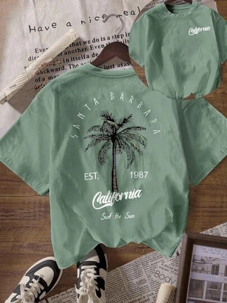 Coconut Tree "California Summer Beach Vacation" Casual Round Neck Short Sleeve Women T-Shirt