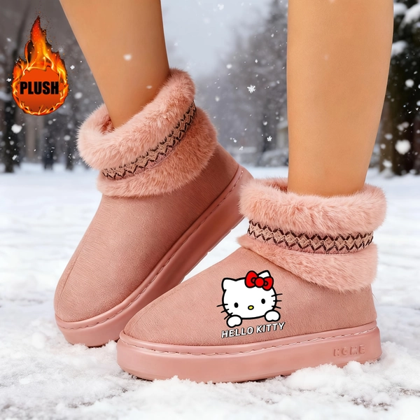 Sanrio Hello Kitty Women's Winter Warm Shoes, Plush Collar Design Fashionable Warm Women's Boots, Multiple Colors (Pink, Black,, Coffee), Ideal Gift Choice