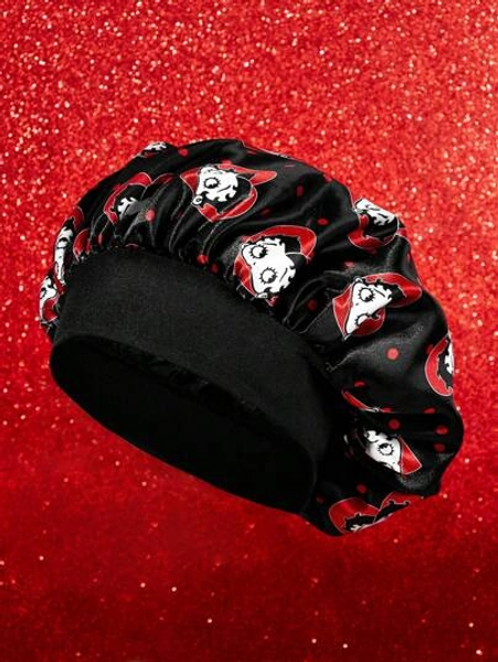 Betty Boop x SHEIN Upgraded Double-Layer Women's Hair Care Cap, Wide Elastic Satin Polka Dot Print Sleep Cap, Soft & Comfortable For Daily Home, SleepingGift Ideas