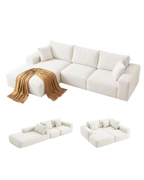 Artiss 3 Seater Modular Sofa Bed Sectional Boneless Couch for Living Room Corduroy Compressed Sofa - White