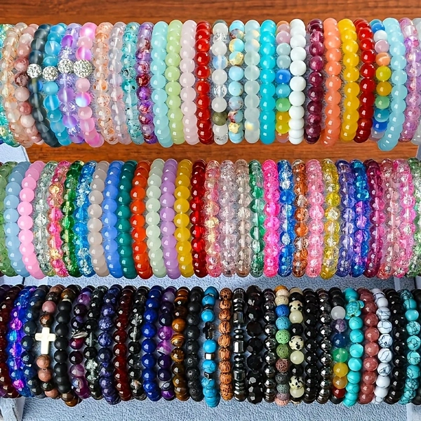 30pcs Boho-Chic Handcrafted Bead Bracelet Set - Colorful Crackled Glass Beads, Ideal For Casual Attire & Vacation - Perfect Gift For Women, Friends & Family Random