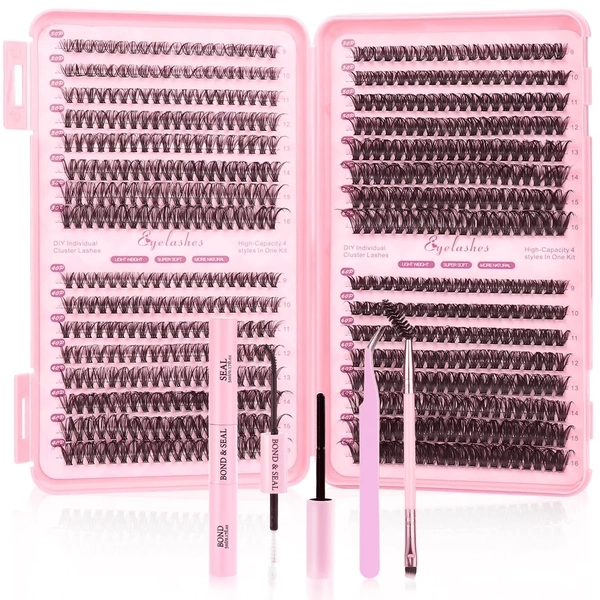 HCUSIHFEW Lash Extension Kit 640pcs Individual Lashes Cluster Eyelash Extension Kit 30D+40D 9-16mm Mixed Color Lashes