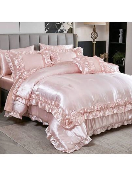 8 Pieces Satin Comforter  Set Queen/King Size Bed In A Bag Silky Bedding Set For Bedroom Decor Girls Light Pink Ruffled Comforter Set With Sheet Set Soft And Luxury Bedding Comforter Set Silk Like Satin Bedding Set For All Seasons