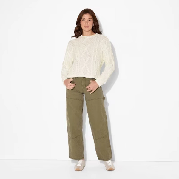 Women's Crewneck Cotton Cable Pullover Sweater - Wild Fable™ Cream M