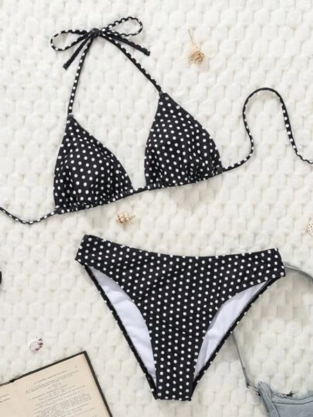 Swim Mod Women's Black Ground White Dot Printed Halter Neck Low Waist Bikini Set For Summer